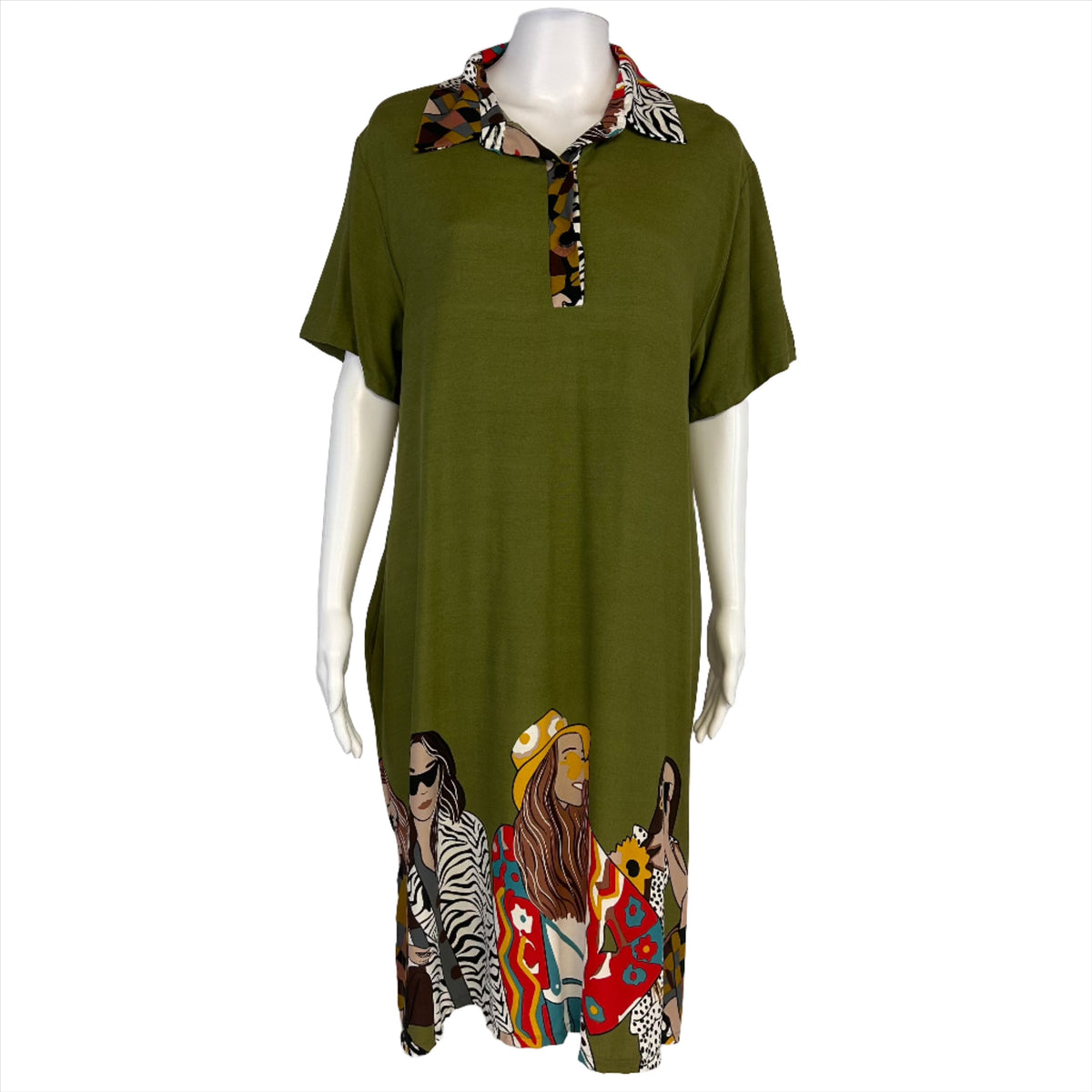Jia Olive Green Turn-down Collar Women Dress Large/XL  Prints w/ Pocket