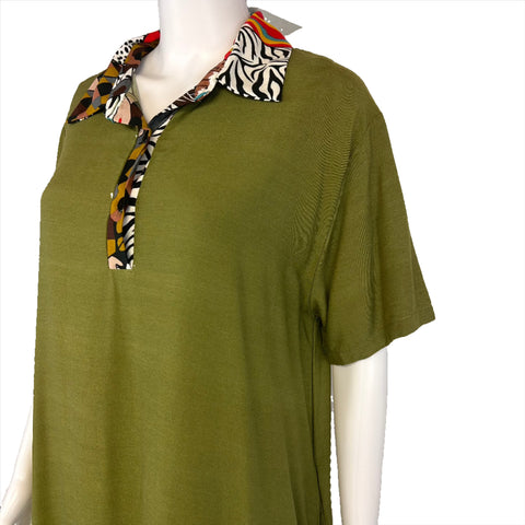 Jia Olive Green Turn-down Collar Women Dress Large/XL  Prints w/ Pocket