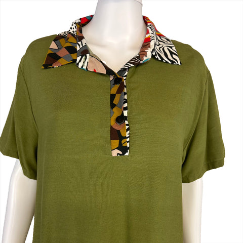 Jia Olive Green Turn-down Collar Women Dress Large/XL  Prints w/ Pocket