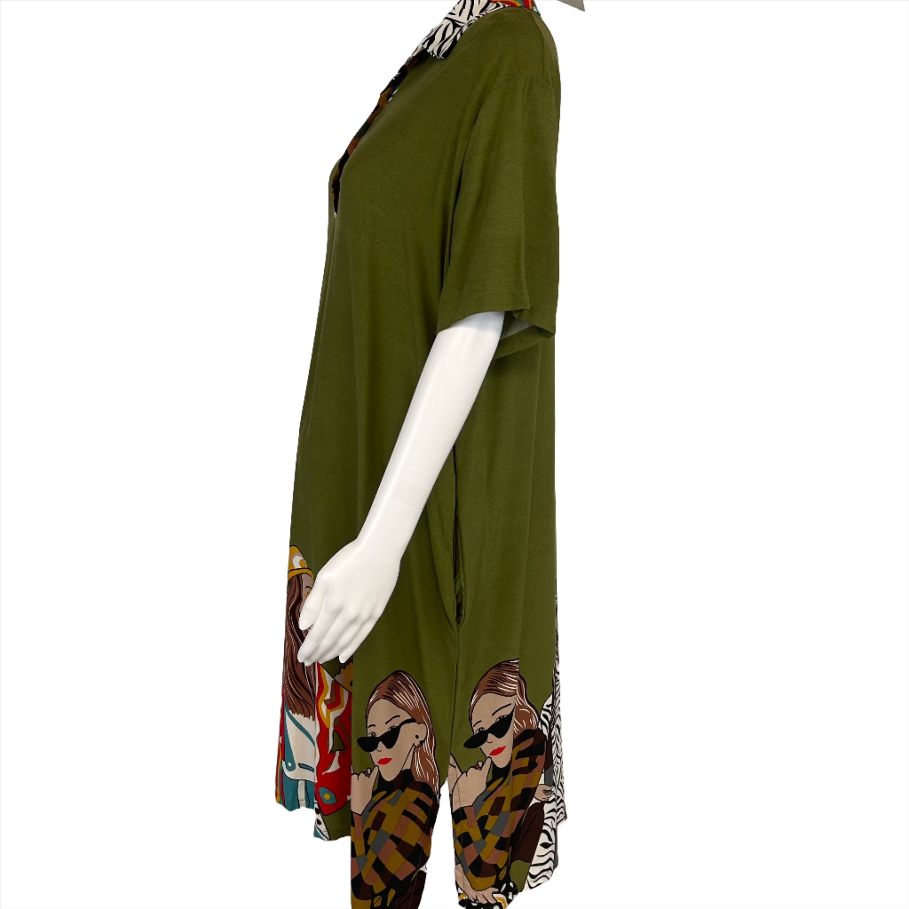 Jia Olive Green Turn-down Collar Women Dress Large/XL  Prints w/ Pocket